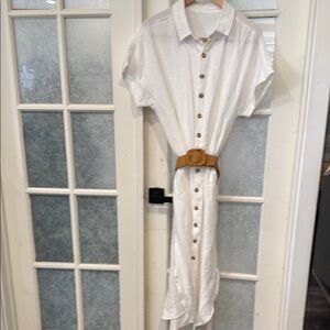 White Button-Down Dress with Tan Belt